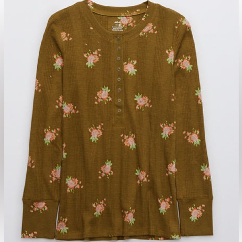 Aerie Heart Eyes Waffle Henley Long Sleeve T-Shirt Women's Tree Line XS